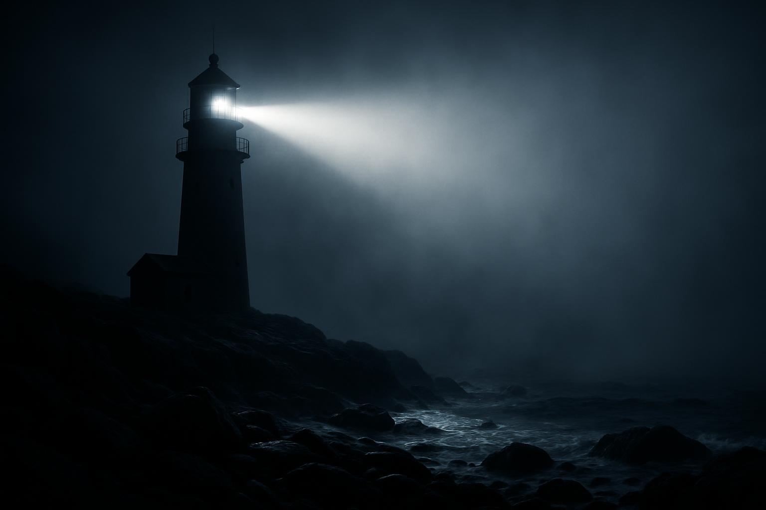 Lighthouse with a beam of light shining across turbulent, dark water.