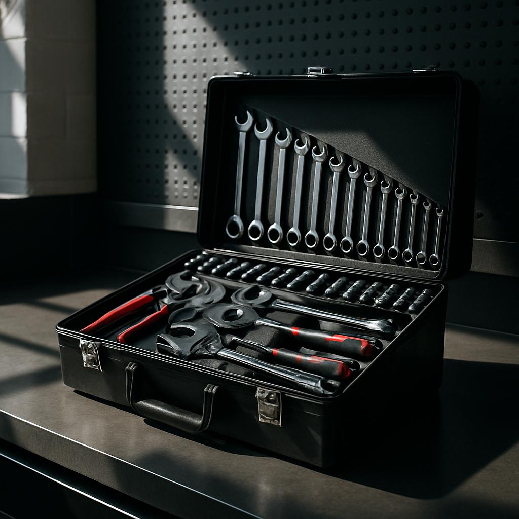 title An open black tool case with tools laid out neatly.