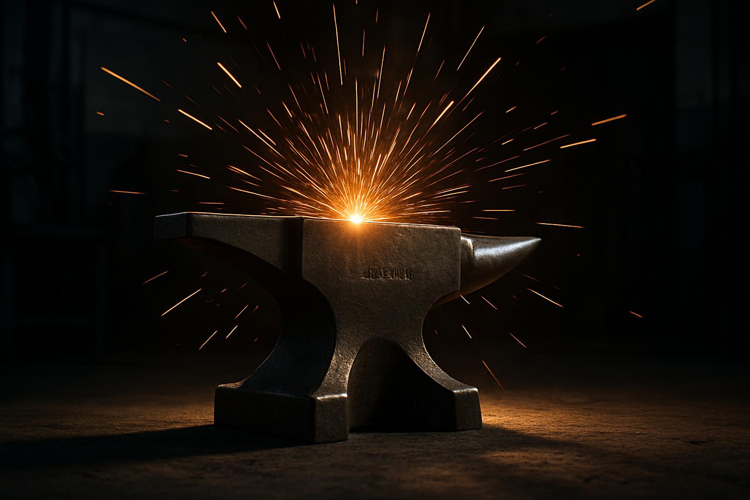 A dark room with an anvil in the center, shooting sparks around the exact center, with a spotlight shining on it, and a da...