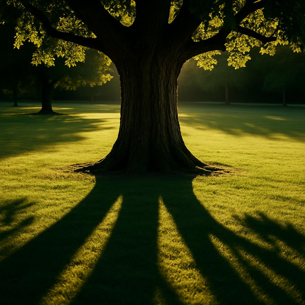 A large tree with a thick trunk and branches, casting long shadows on a lush grassy field in a park, sunny afternoon.