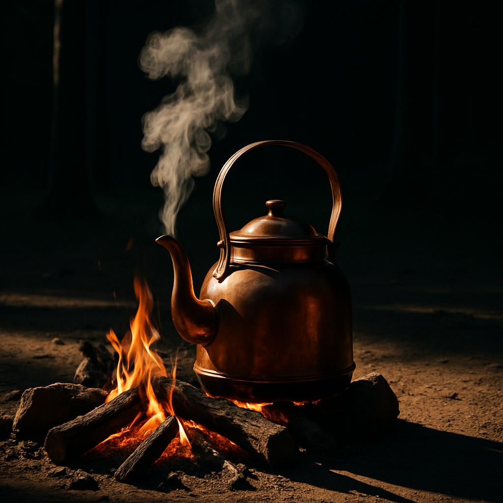 A copper kettle sits on a dark background, suspended over hot flaming sticks, emitting a cloud of smoke while casting a sh...